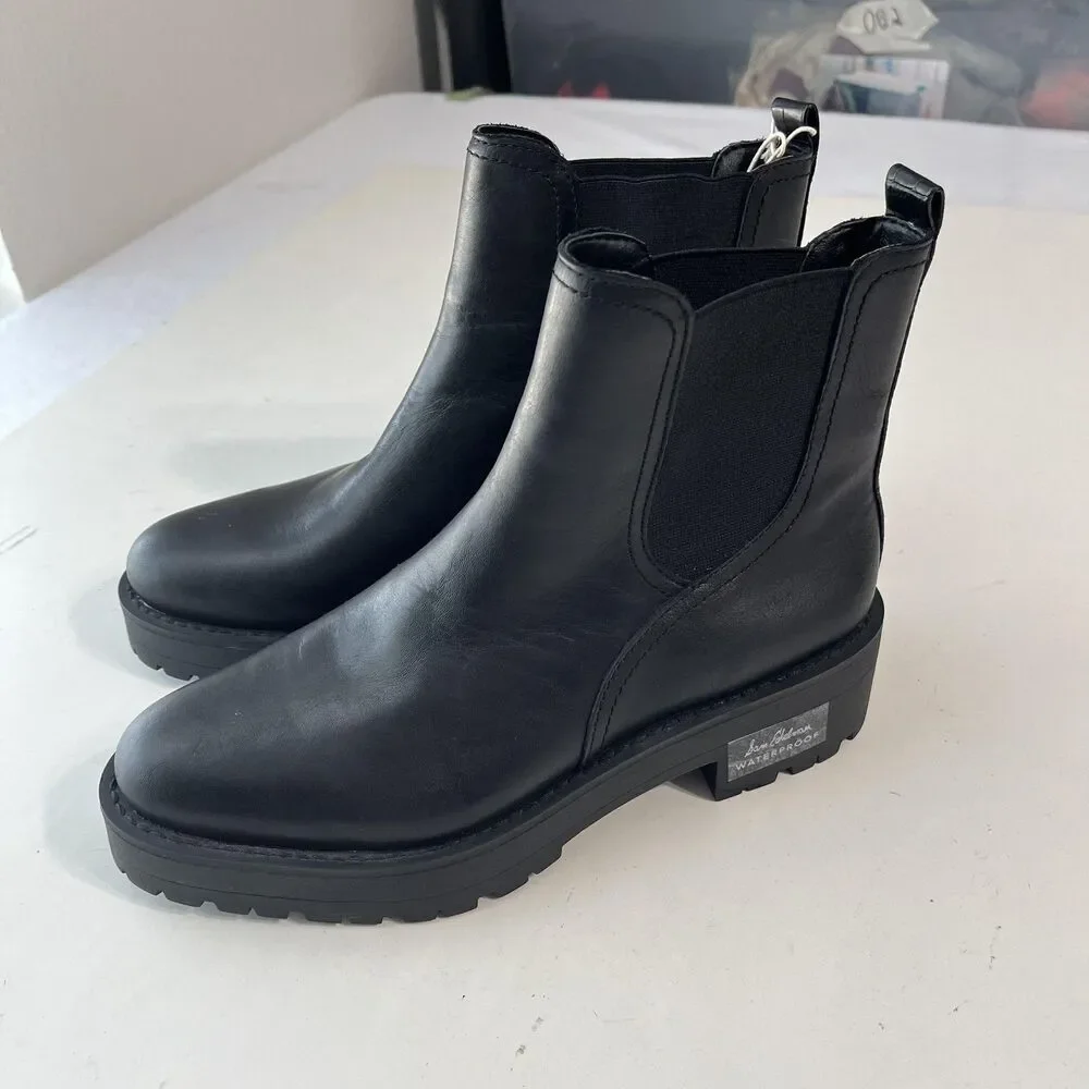 Sam Edelman Boots Womens Size 7 Black Leather Waterproof Chelsea Ankle Lug Sole